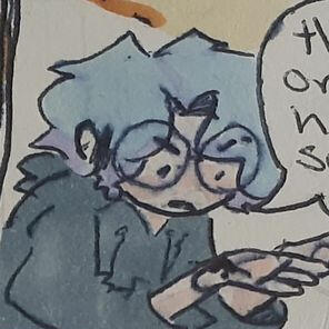 xrytpid's Instagram profice picture: a doodle of frustrated person with blue hair adn an eyebrow slip, staring at the palm of their hand. a word bubble is cropped out of frame